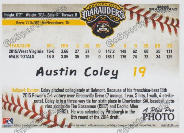 2016 Bradenton Marauders Austin Coley Back of Card