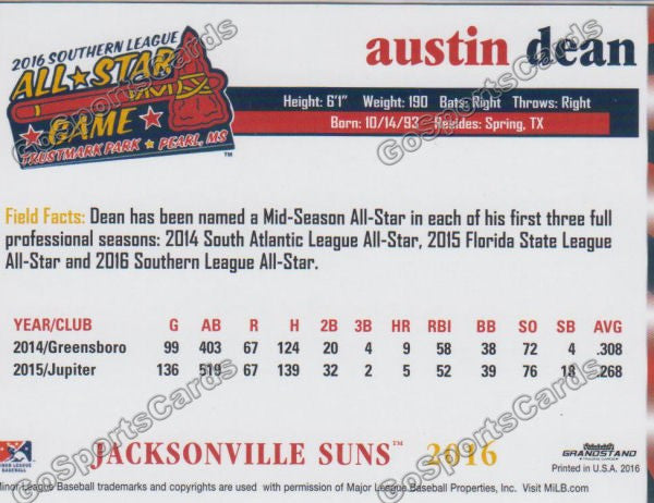 2016 Southern League All Star S Austin Dean Back of Card