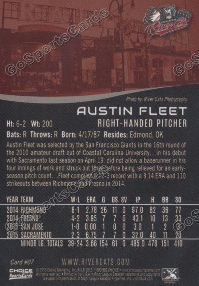 2016 Sacramento River Cats Austin Fleet Back of Card