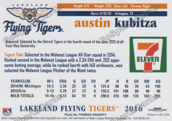2016 Lakeland Flying Tigers Austin Kubitza Back of Card