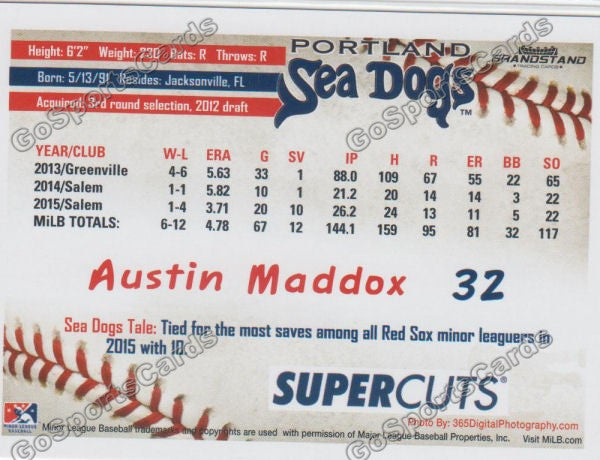 2016 Portland Sea Dogs Austin Maddox Back of Card