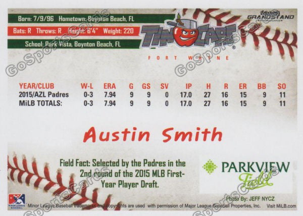 2016 Fort Wayne Tin Caps Austin Smith  Back of Card