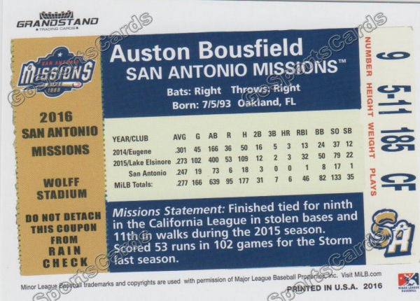 2016 San Antonio Missions Auston Bousfield Back of Card