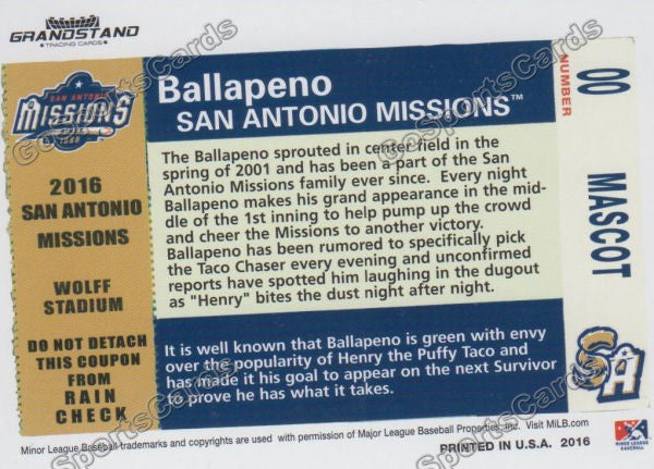 2016 San Antonio Missions Ballapeno Mascot Back of Card