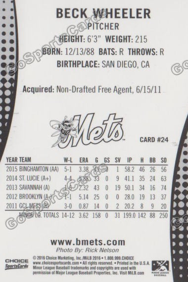 2016 Binghamton Mets Beck Wheeler Back of Card