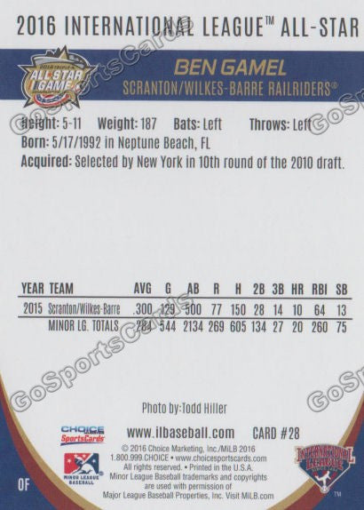 2016 International League All Star Ben Gamel Back of Card