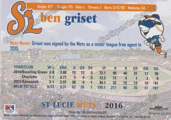 2016 St Lucie Mets Ben Griset  Back of Card