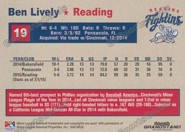 2015 Reading Fightin Phils Update Ben Lively  Back of Card