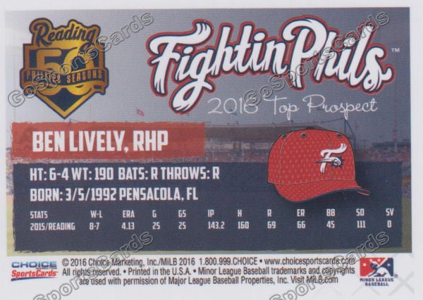 2016 Reading Fightin Phils Top Prospect 11 Ben Lively  Back of Card