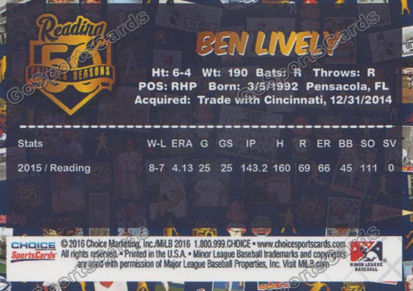 2016 Reading Fightin Phils Top Prospect 25 Ben Lively  Back of Card