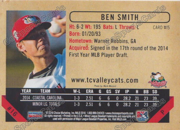 2016 Tri City ValleyCats Ben Smith Back of Card