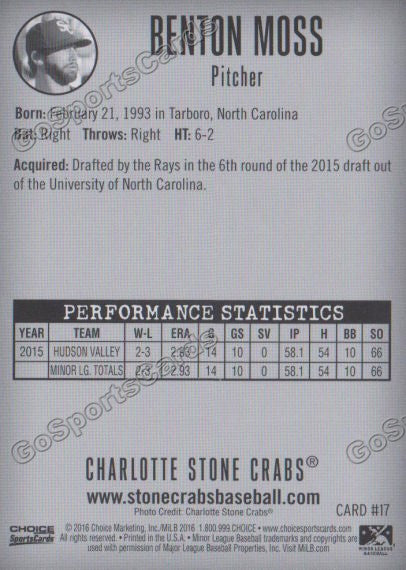 2016 Charlotte Stone Crabs Benton Moss Back of Card