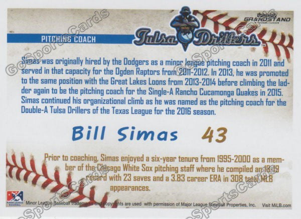 2016 Tulsa Drillers Bill Simas Back of Card
