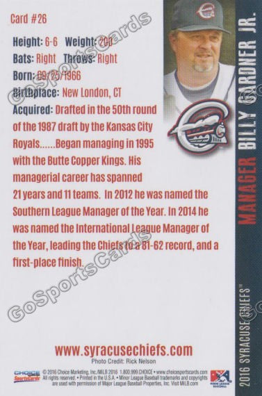 2016 Syracuse Chiefs Billy Gardner Jr Back of Card