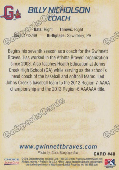 2016 Gwinnett Braves Billy Nicholson  Back of Card