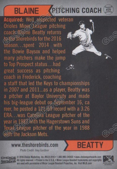 2016 Delmarva Shorebirds Blaine Beatty  Back of Card