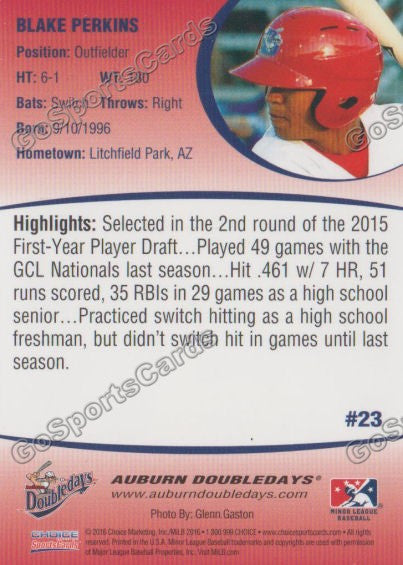 2016 Auburn Doubledays Blake Perkins Back of Card