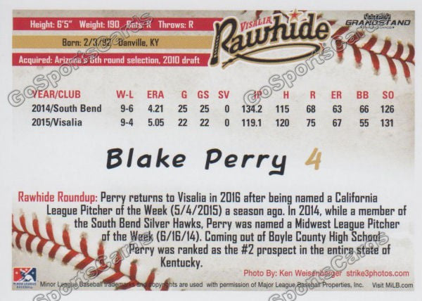 2016 Visalia Rawhide Blake Perry Back of Card