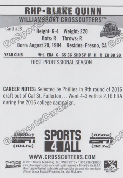 2016 Williamsport Crosscutters Blake Quinn Back of Card