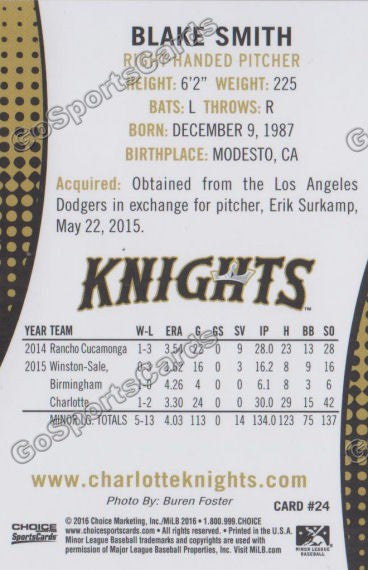 2016 Charlotte Knights Blake Smith Back of Card