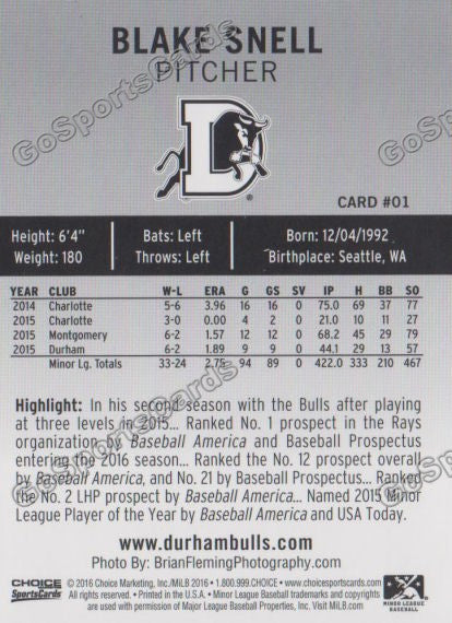  2016 Durham Bulls Blake Snell Back of Card