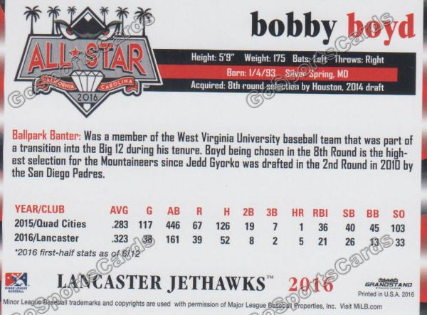 2016 California League All Star Bobby Boyd Back of Card