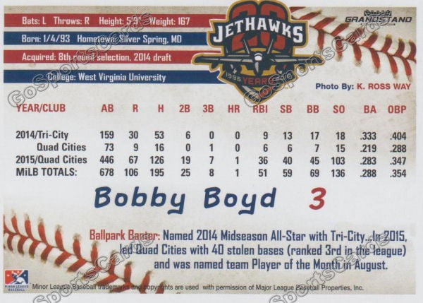 2016 Lancaster JetHawks Bobby Boyd Back of Card