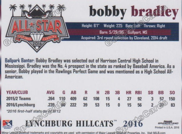 2016 Carolina League All Star Bobby Bradley Back of Card