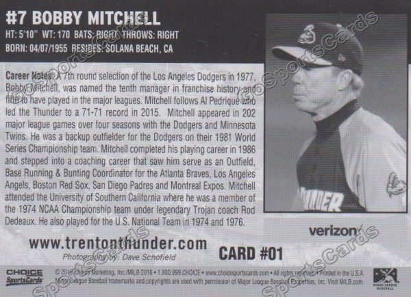 2016 Trenton Thunder Bobby Mitchell Back of Card
