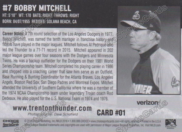 2016 Trenton Thunder Bobby Mitchell Back of Card