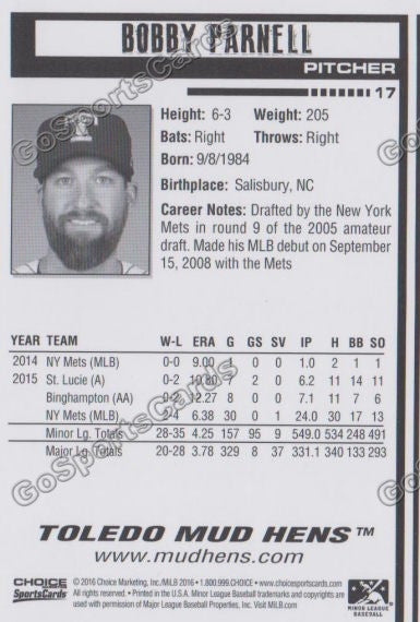 2016 Toledo Mud Hens Bobby Parnell Back of Card