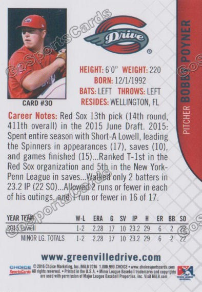 2016 Greenville Drive Bobby Poyner Back of Card
