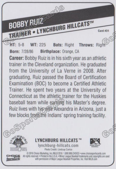 2016 Lynchburg Hillcats Bobby Ruiz  Back of Card