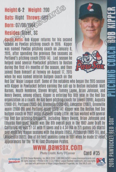 2016 Pawtucket Red Sox Bob Kipper Back of Card