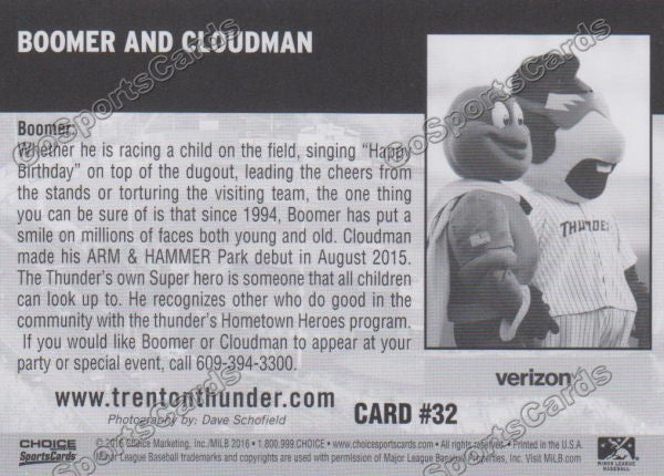 2016 Trenton Thunder Boomer and Cloudman Back of Card