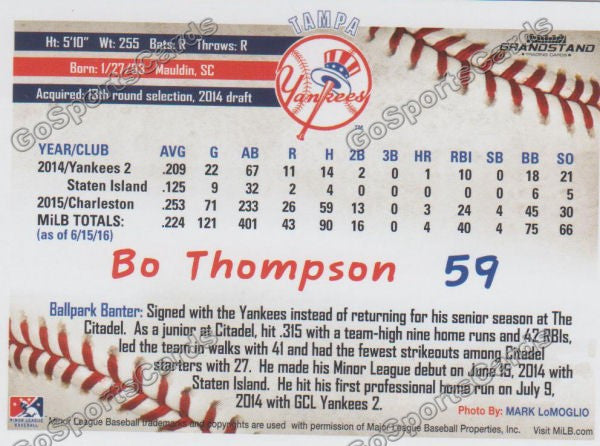 2016 Tampa Yankees Bo Thompson Back of Card