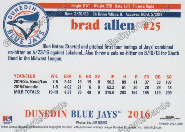 2016 Dunedin Blue Jays Brad Allen  Back of Card