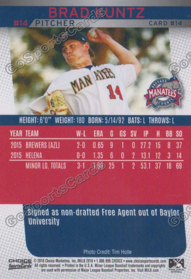 2016 Brevard County Manatees Brad Kuntz Back of Card