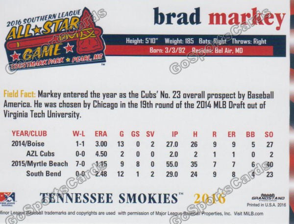 2016 Southern League All Star N Brad Markey Back of Card