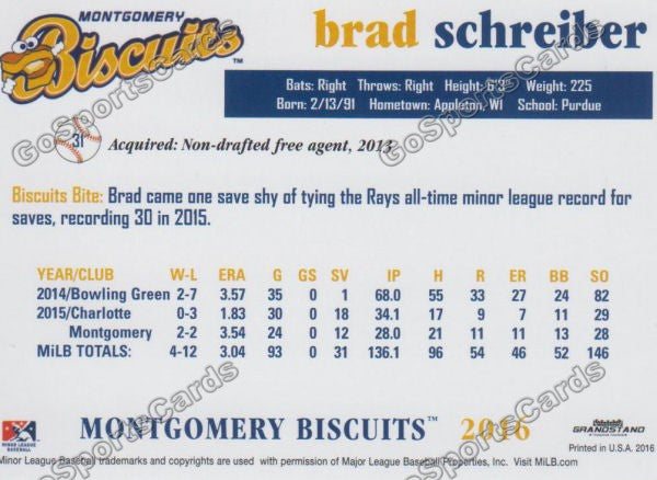 2016 Montgomery Biscuits Brad Schreiber  Back of Card