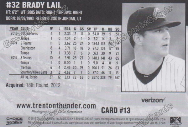 2016 Trenton Thunder Brady Lail Back of Card