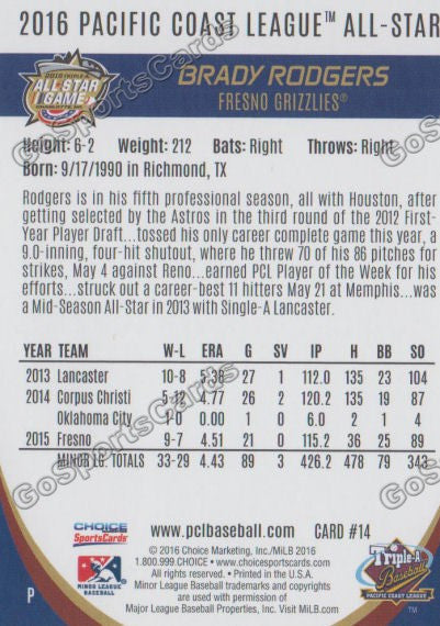 2016 Pacific Coast League All Star Brady Rodgers Back of Card