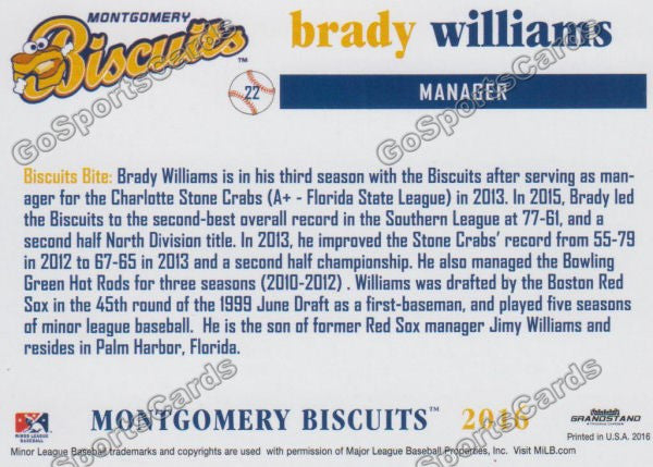 2016 Montgomery Biscuits Brady Williams  Back of Card