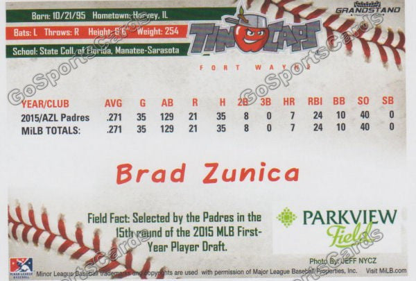 2016 Fort Wayne Tin Caps Brad Zunica  Back of Card