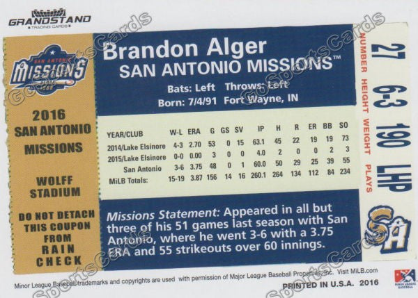 2016 San Antonio Missions Brandon Alger Back of Card