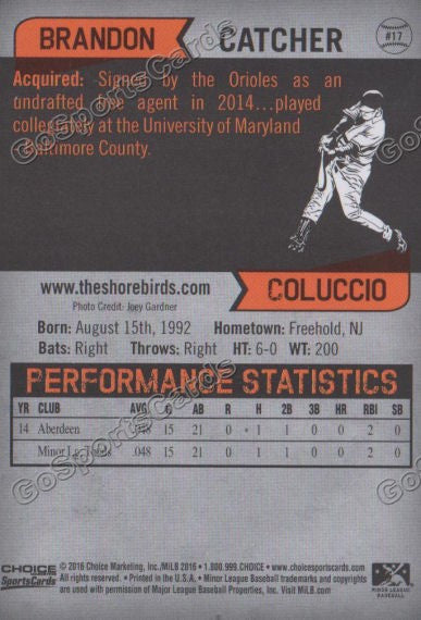 2016 Delmarva Shorebirds Brandon Coluccio  Back of Card