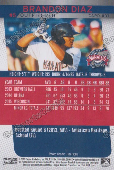 2016 Brevard County Manatees Brandon Diaz Back of Card