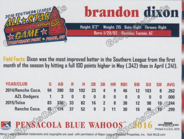 2016 Southern League All Star S Brandon Dixon Back of Card