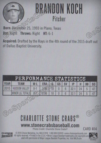 2016 Charlotte Stone Crabs Brandon Koch Back of Card