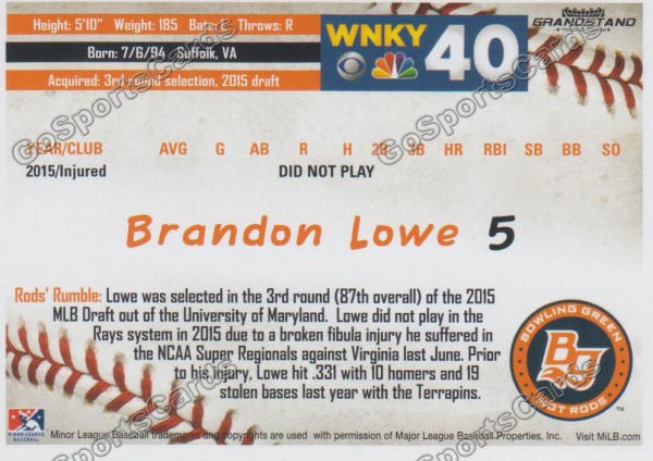 2016 Bowling Green Hot Rods Brandon Lowe Back of Card